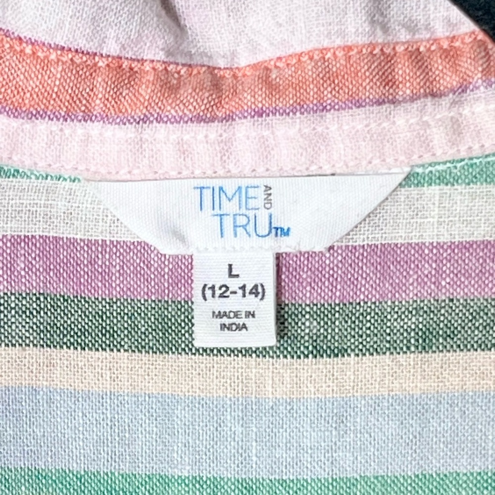 Time and Tru Linen Blend Striped Button Down Shirt Size Large - Picture 3 of 5
